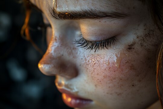 Close-up of a Young Girl's Face Capturing Emotion With Tears and Freckles, Illuminated Softly by Natural Light