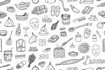 Seamless pattern of sauna and spa theme. Wellness, relaxation, enjoy, joy, bathhouse. Hand drawn. Great for banner, posters, professional design. Doodle style.