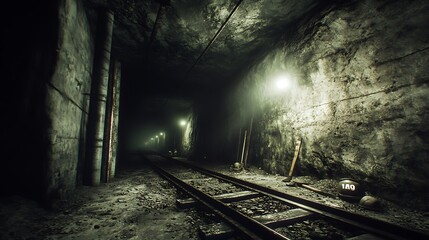 Fototapeta premium Underground coal mining tunnel with rail tracks, dim lighting, pickaxes and helmets on the side, rugged rock walls
