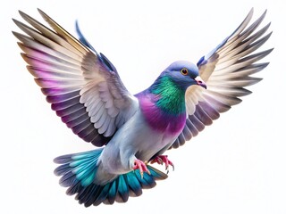 Colorful Pigeon in Flight, Wings Spread Wide Against White Background - Stock Photo