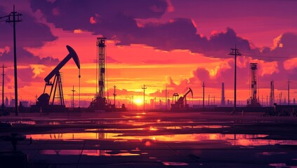 Oil Drilling and Pumpjacks at Sunset: Energy Industry, Fossil Fuels, Industrial Landscapes, and Environmental Impact