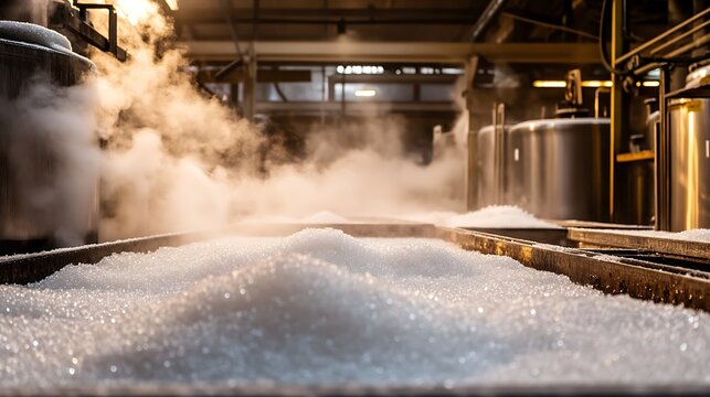 Sugar refinery room with steel vats, crystallized sugar deposits around, steam rising from the machinery, brightly lit