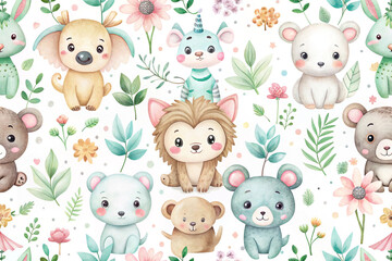 Naklejka premium Adorable watercolor animal seamless pattern. (1)