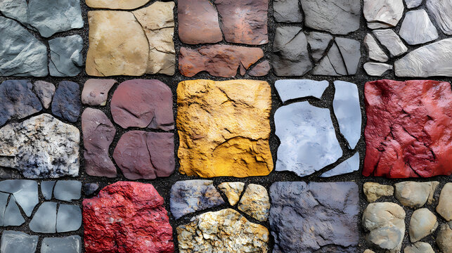 A close-up view of pavestone bricks in various colors and textures for outdoor landscaping design. Wavestone. Illustration