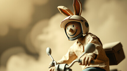 Smiling figurine on a scooter, wearing a helmet and bunny ears. Whimsical and joyful scene.