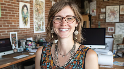 Women Artist in Studio with Art and Apple Computer on Desk