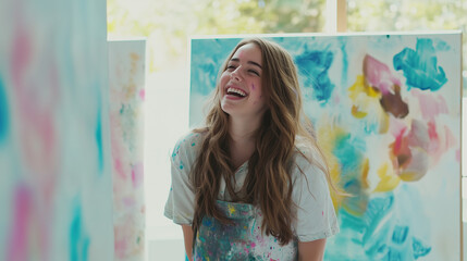 Happy Young Woman Painter in Bright, Colorful Studio with Canvases