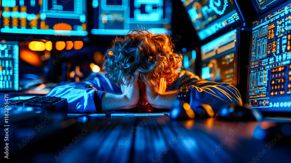 Aufkleber a woman sitting at a desk in front of multiple computer monitors