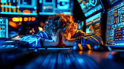 A woman sitting at a desk in front of multiple computer monitors