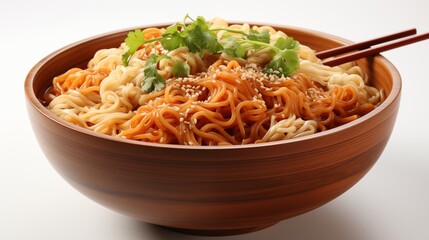 A serving of instant noodles in a wooden bowl with chopsticks, showcasing simplicity and flavor, studio view.
