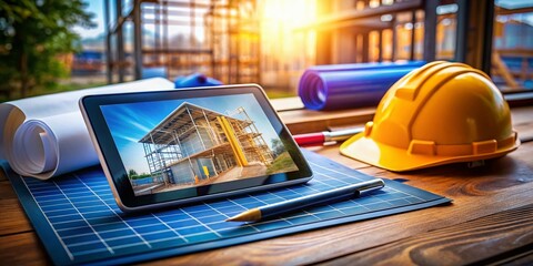 Obraz premium Construction Planning: Tablet, Tools & Blueprints with Bokeh Background