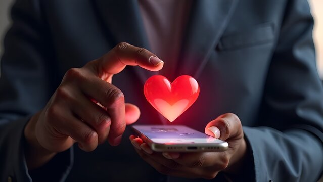 African American man Finger pushing screen in mobile smartphone application. above smartphone glowing red valentine icon. mood dating apps, long distance relationship