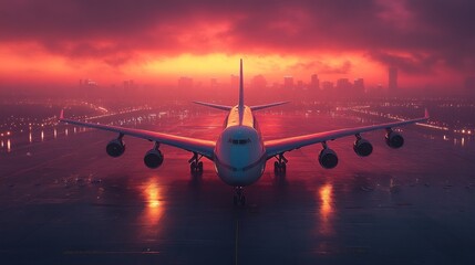 A large airplane on a runway during a dramatic sunset, reflecting vibrant colors.