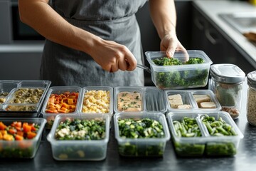 Meal prep demonstration with organized containers filled with healthy foods and vibrant vegetables for a balanced week