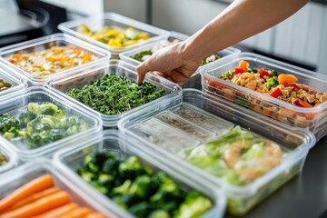 Meal prep demonstration with organized containers filled with healthy foods and vibrant vegetables for a balanced week