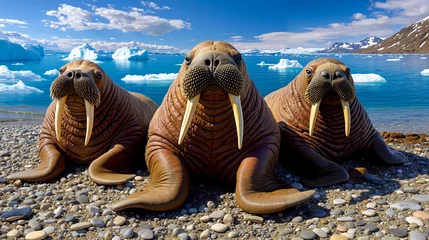 Three walrus sitting on a rocky beach next to the ocean