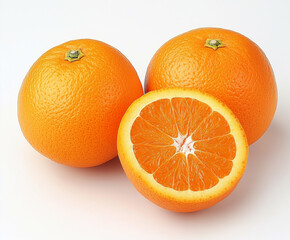 Fresh oranges whole and sliced on white background