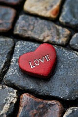 Obraz premium A striking red heart inscribed with 'LOVE' placed on textured stone, emphasizing romance.