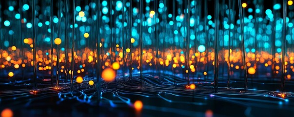 Neuron-like structures forming a glowing digital forest, imaginative and symbolic