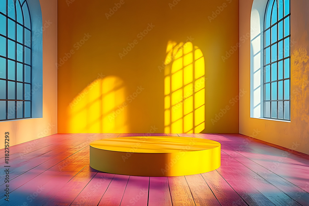 Poster a 3d rendering of an empty room with a yellow pedestal display against a vivid background, providing
