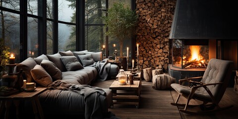Cozy rustic living room with fireplace and panoramic view.