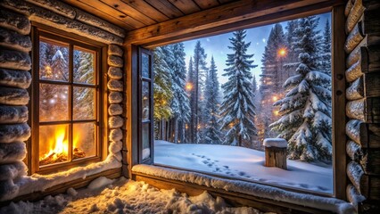 Cozy Cabin Winter Wonderland: Long Exposure Snowy Forest View