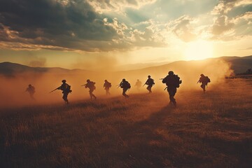 Soldiers engage in tactical maneuvers during military training exercise in a dusty open field