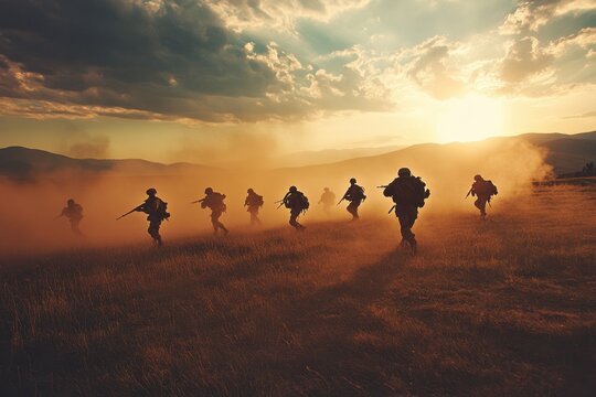 Soldiers engage in tactical maneuvers during military training exercise in a dusty open field