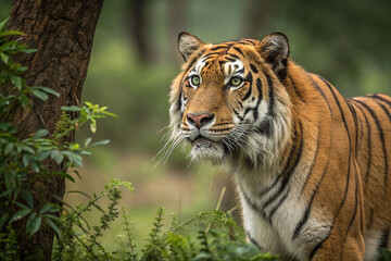 Obraz premium Majestic tiger in lush forest, intense gaze.