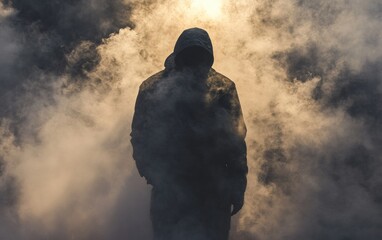 A shadowy dark figure of a man surrounded by smoke, evoking an ominous presence.