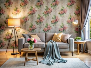 Cozy Living Room Interior: Grey Couch, Floral Wallpaper, and Soft Blanket