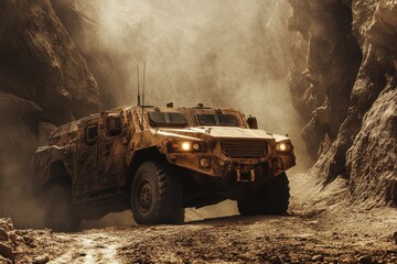 MRAP vehicle maneuvers through challenging terrain in a potentially hostile environment