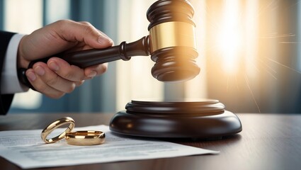 Judges gavel with wedding rings and torn prenuptial agreement