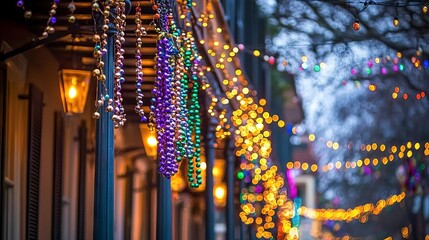 Festive Mardi Gras Beads and Lights in a Quiet French Quarter Corner. Concept of New Orleans Celebration, Vibrant Street Decorations