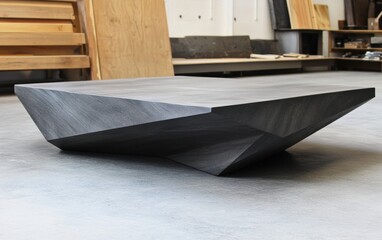 A sleek, modern coffee table with an irregular geometric design, set in a light minimalist interior. Luxury custom furniture.