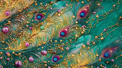 Vibrant Abstract Art Featuring Colorful Peacock Feathers and Golden Beads. Concept of Exotic Elegance, Artistic Creativity. Copy space