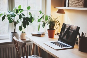Fototapeta premium Minimalist home office with sleek desk and plants creating a serene workspace for productivity and focus