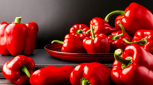 A plate of red peppers on a wooden table