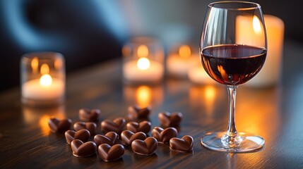 Romantic red wine, chocolates, candles, date night