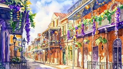 Vibrant Mardi Gras Watercolor Art of French Quarter Architecture and Festive Street Scene, Concept of Cultural Celebration
