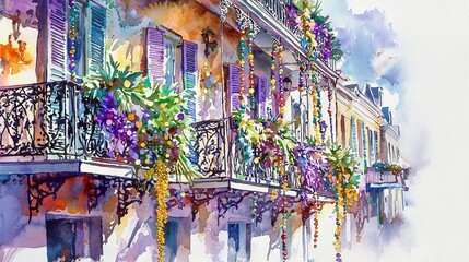 Mardi Gras Watercolor Illustration of a French Quarter Street with Colorful Balconies and Festival Decorations