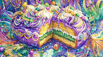 Mardi Gras King Cake Watercolor Illustration with Colorful Beads and Feathers. Concept of Celebration, Festive Desserts