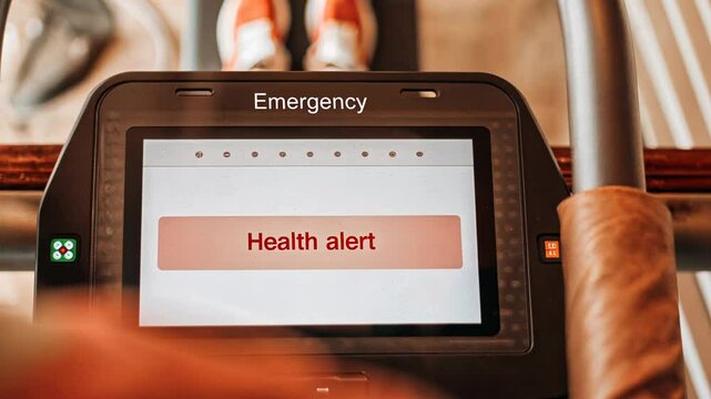 Health and safety monitoring concept, Emergency health alert on treadmill screen