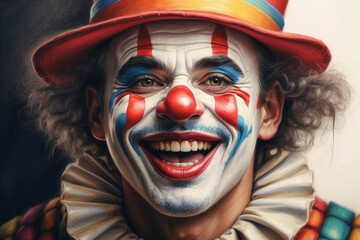 a clown who is smiling and his mouth is open and his teeth are shining