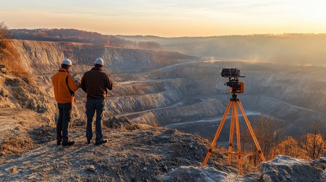 Surveyors collect data to map mining sites in a rugged landscape during overcast conditions
