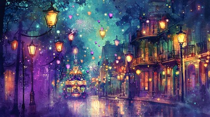 Obraz premium Vibrant Mardi Gras Night Scene in New Orleans: Watercolor Illustration of Festive Street with Lanterns, Balloons, and Fireworks. Concept of Celebration, Festivity, Cultural Heritage