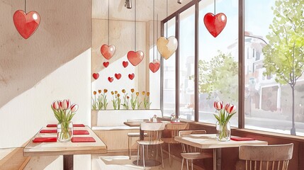 Watercolor Art of a Light-Filled Contemporary Cafe with Heart Decorations and Tulips. Concept of Cozy Interiors, Fresh Atmosphere