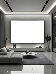 futuristic minimalist living room, sleek glossy surfaces, monochrome palette, aligned frame mockup, led lighting, modular furniture, polished high-tech design
