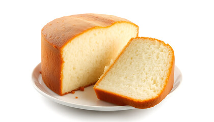 Close-up of a freshly baked, sliced cake on a white plate against a plain white background.