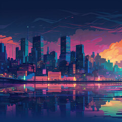 Obraz premium Abstract image of a night city against the backdrop of mountains in neon light